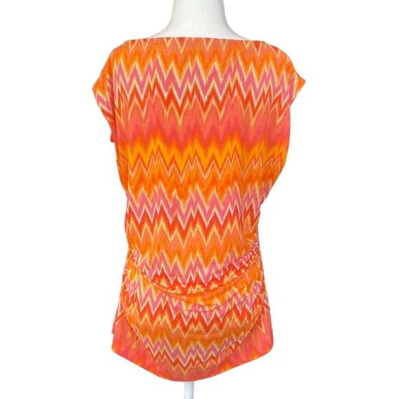 Vince Camuto Yellow/Orange/Red Sunburst Pattern Blouse with Side Ruching XL - Picture 6 of 12